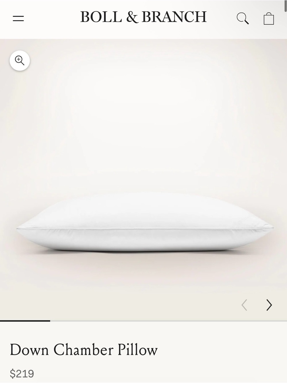 Boll & Branch White Down Chamber Pillow — Plush Support